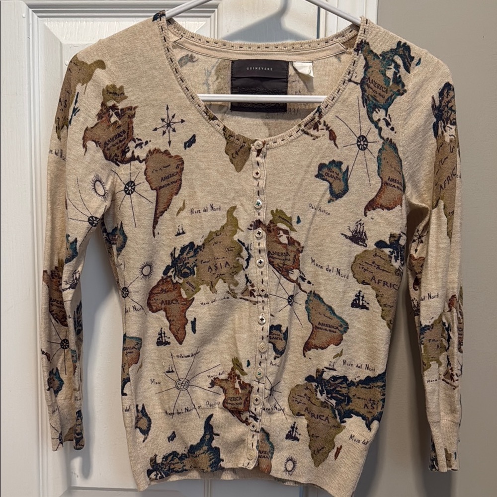 Anthropologie Guinevere World Map Print Cardigan Sweater XS